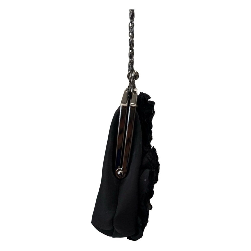 Lulu Townsend Black Rosette Evening Bag Satin Clutch Chain Strap Kiss Lock Purse - Picture 5 of 9